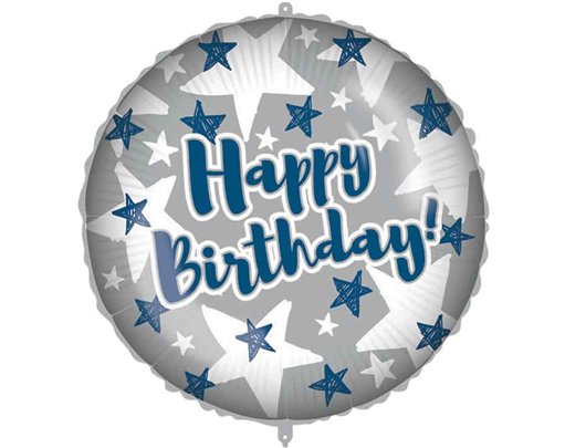 18in "HAPPY BIRTHDAY" BLUE AND SILVER STARS FOIL BALLOON