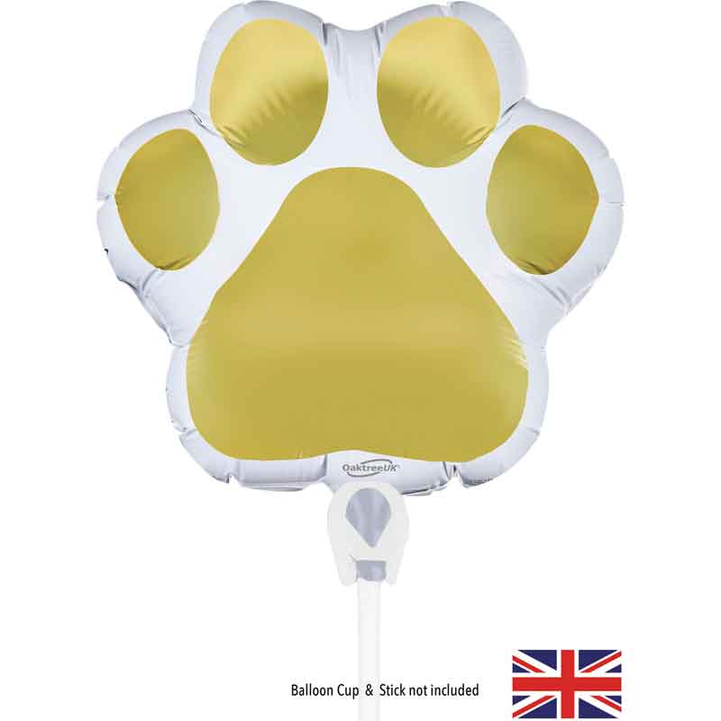 8in PAW PRINT WHITE/GOLD AIR FILL FOIL BALLOON PACKAGED WITH SELF SEAL VALVE