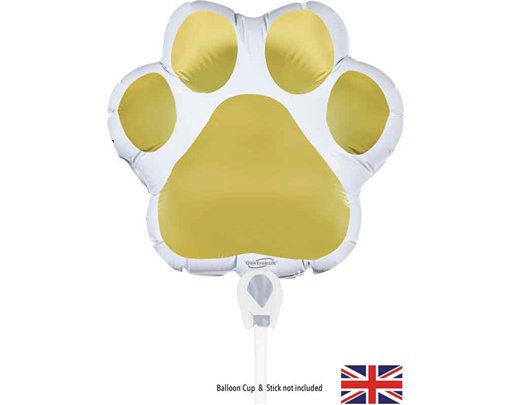 8in PAW PRINT WHITE/GOLD AIR FILL FOIL BALLOON PACKAGED WITH SELF SEAL VALVE