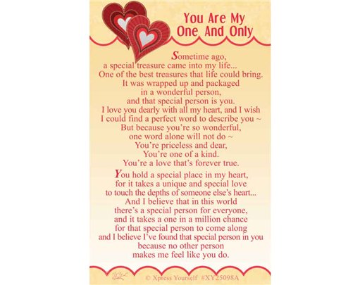 C25 YOU ARE MY ONE AND ONLY KEEPSAKE CARD 6S