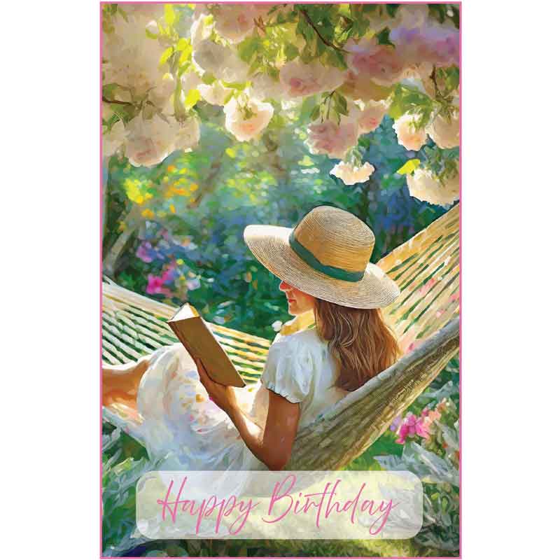 C50 WOMAN READING IN A HAMMOCK BIRTHDAY CARD 6S