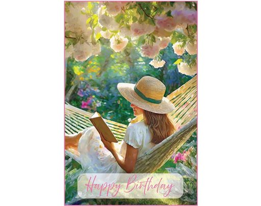 C50 WOMAN READING IN A HAMMOCK BIRTHDAY CARD 6S