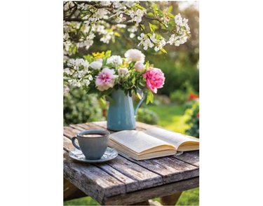 C50 BOOK & COFFEE ON A GARDEN TABLE BLANK CARD 6S