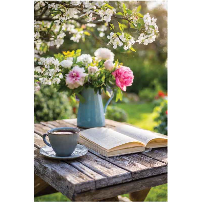 C50 BOOK & COFFEE ON A GARDEN TABLE BLANK CARD 6S