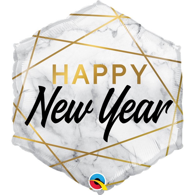 20in NEW YEAR MARBLE RECTANGLES HEXAGON FOIL BALLOON