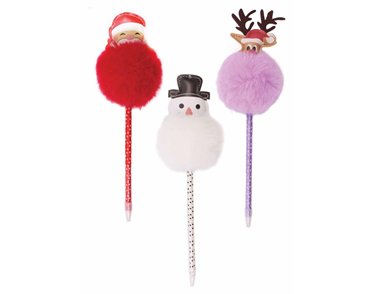 CHRISTMAS NOVELTY FLUFFY CHARACTER PEN 12S