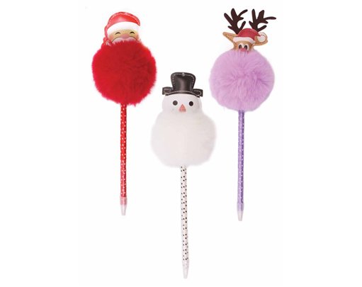 CHRISTMAS NOVELTY FLUFFY CHARACTER PEN 12S