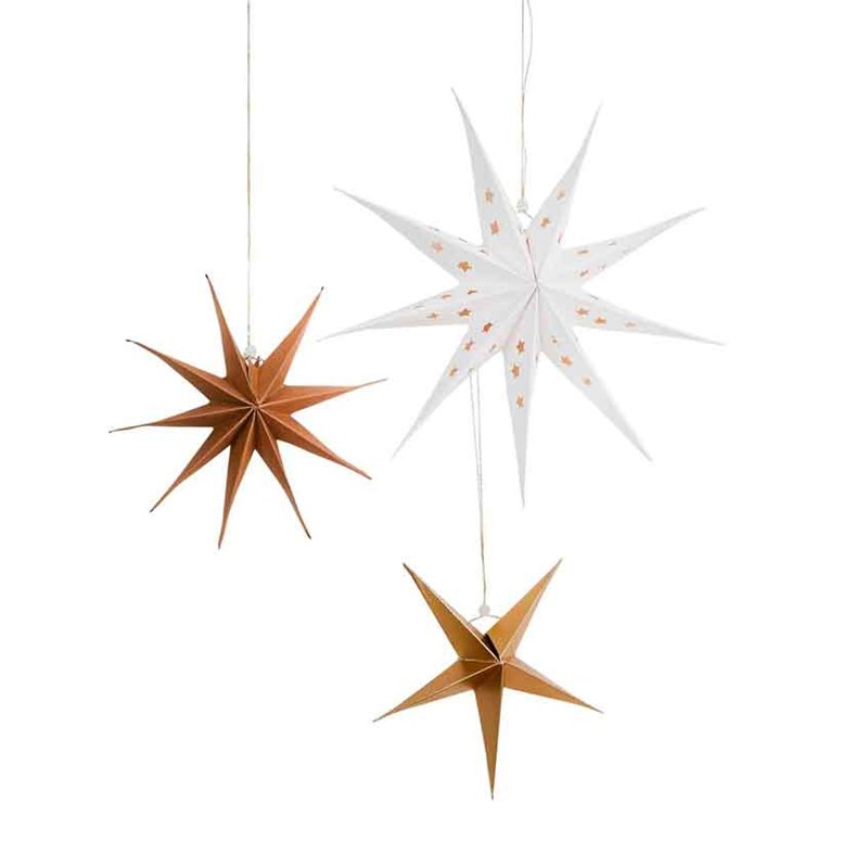 3PK WHITE, GOLD & KRAFT HANGING STAR SET