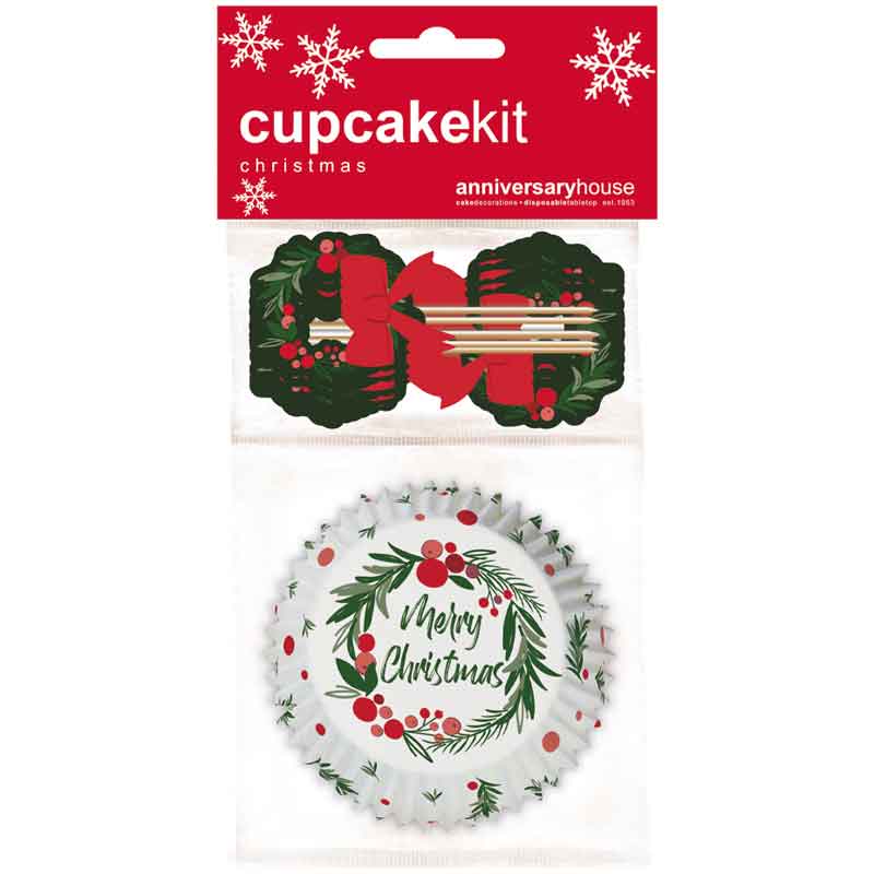 28PC MERRY CHRISTMAS WREATH CUPCAKE KIT