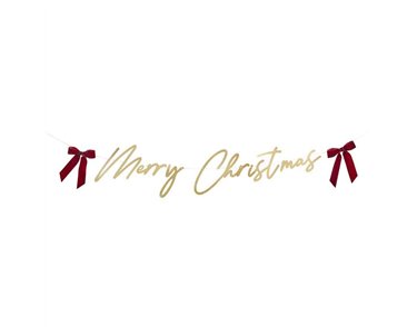 2m GOLD 'MERRY CHRISTMAS' CARD BANNER WITH VELVET BOWS