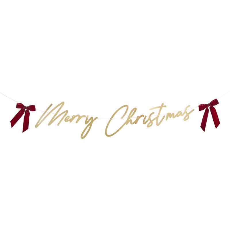 2m GOLD 'MERRY CHRISTMAS' CARD BANNER WITH VELVET BOWS