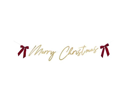 2m GOLD 'MERRY CHRISTMAS' CARD BANNER WITH VELVET BOWS