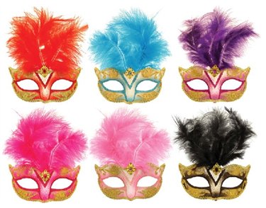 6ASST MASK HALF GLITTER W/FEATHERS