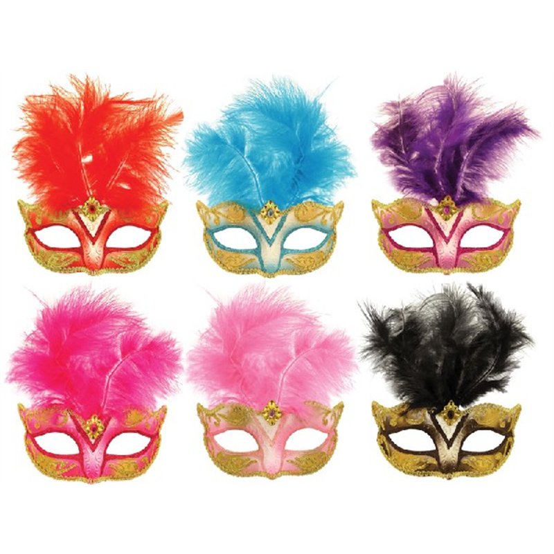 6ASST MASK HALF GLITTER W/FEATHERS