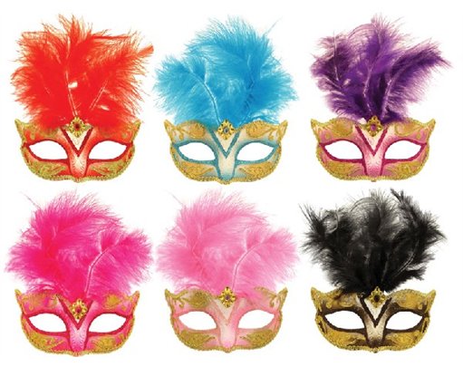 6ASST MASK HALF GLITTER W/FEATHERS