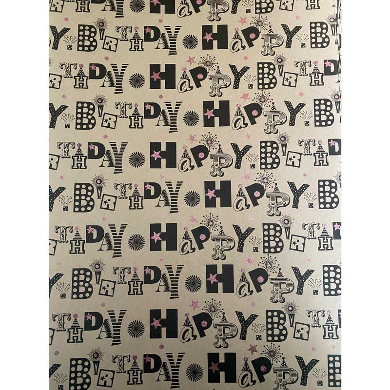 HAPPY BIRTHDAY ROUGE PINK ON KRAFT GLITTER GIFTWRAP 25S
