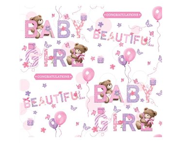 BIRTH CONGRATULATIONS JESSICA BEAR & TEXT GIFTWRAP WITH 12 FREE TAGS 24S