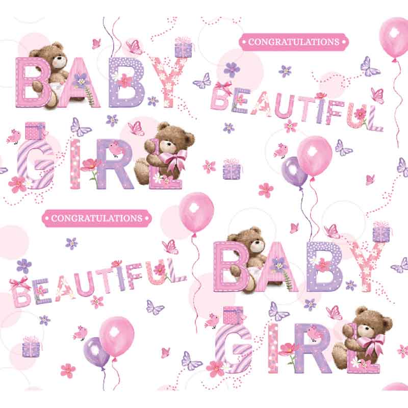 BIRTH CONGRATULATIONS JESSICA BEAR & TEXT GIFTWRAP WITH 12 FREE TAGS 24S