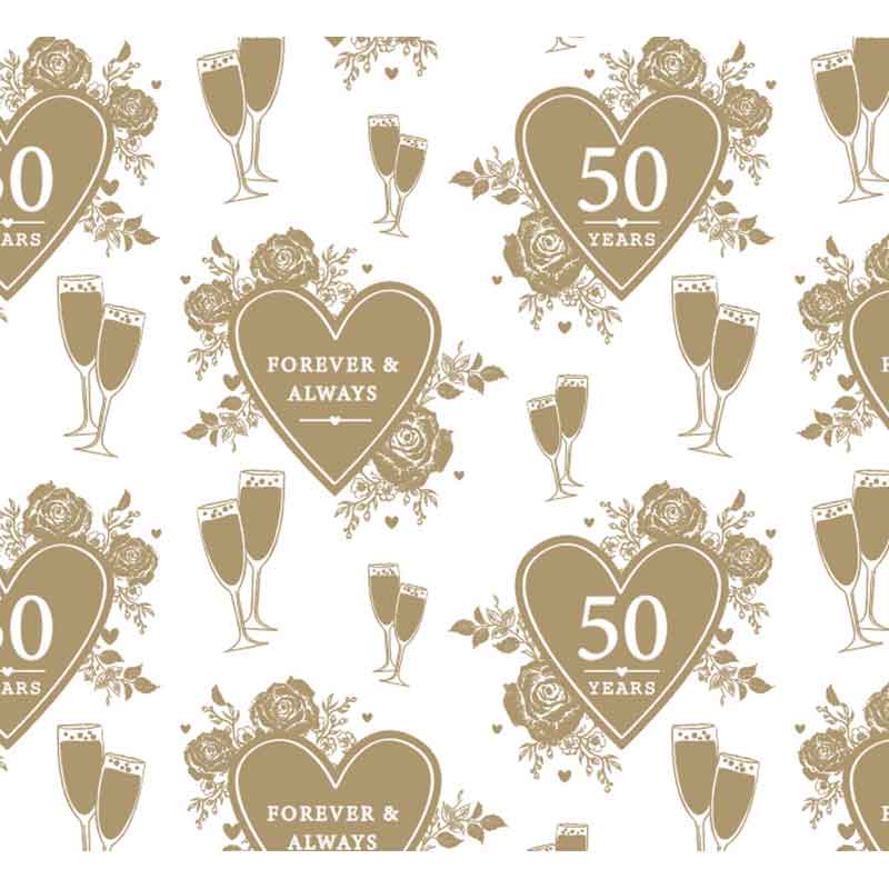 GOLDEN WEDDING ANNIVERSARY HEART GIFTWRAP WITH 12 FREE TAGS 24S