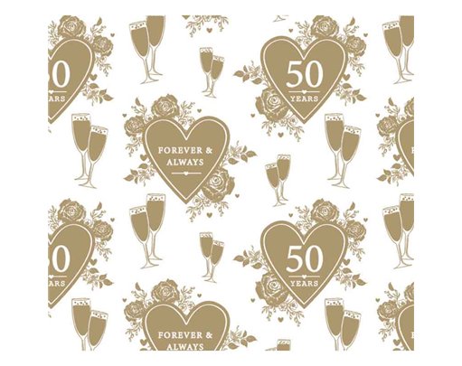 GOLDEN WEDDING ANNIVERSARY HEART GIFTWRAP WITH 12 FREE TAGS 24S