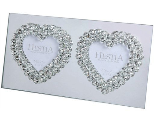 3x 3in MIRROR GLASS DOUBLE HEARTS PHOTO FRAME