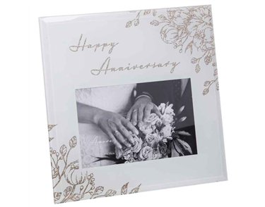 6x4in HAPPY ANNIVERSARY WHITE GLASS GOLD FLORAL FRAME