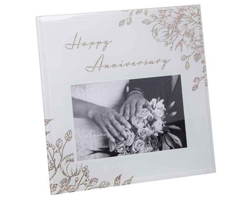 6x4in HAPPY ANNIVERSARY WHITE GLASS GOLD FLORAL FRAME