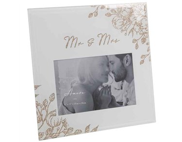 4x6in 'MR & MRS' PALE GREY GLASS GOLD FLORAL FRAME