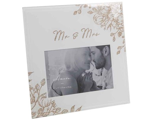 4x6in 'MR & MRS' PALE GREY GLASS GOLD FLORAL FRAME
