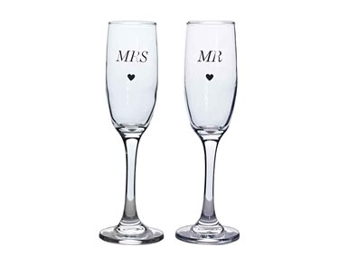 2PC MR & MRS AMORE CHAMPAGNE FLUTES