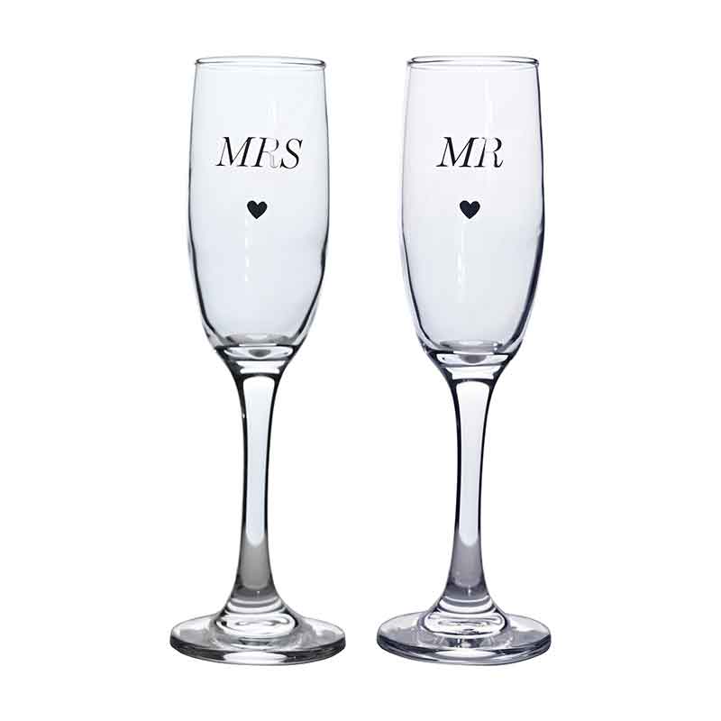 2PC MR & MRS AMORE CHAMPAGNE FLUTES
