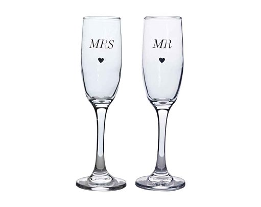 2PC MR & MRS AMORE CHAMPAGNE FLUTES