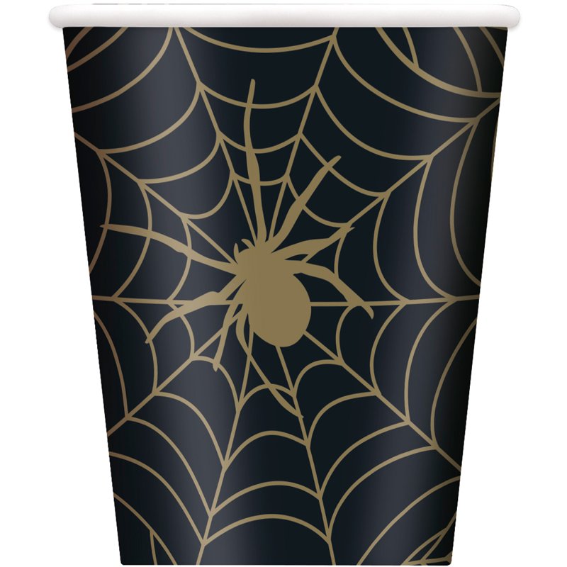 (8) 9oz BLACK/GOLD SPIDER WEB CUPS