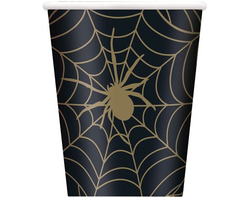 (8) 9oz BLACK/GOLD SPIDER WEB CUPS