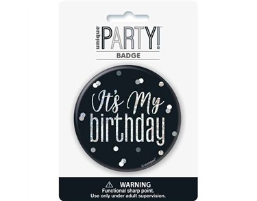3in BLACK GLITZ HAPPY B/DAY BADGE