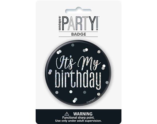 3in BLACK GLITZ HAPPY B/DAY BADGE