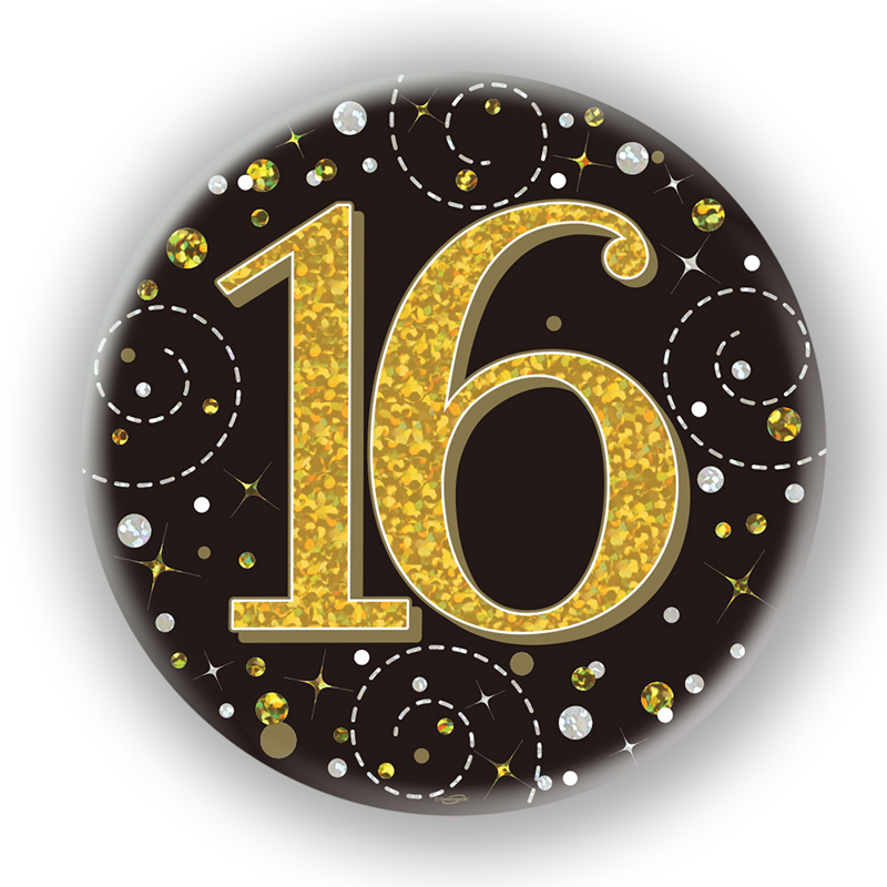 3in 16TH BIRTHDAY BLACK & GOLD BADGE