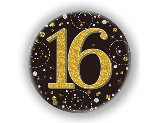 3in 16TH BIRTHDAY BLACK & GOLD BADGE