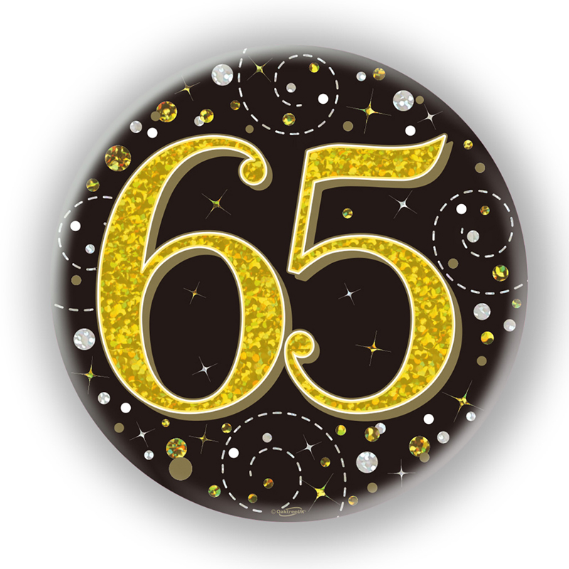 3in 65TH BIRTHDAY BLACK & GOLD BADGE