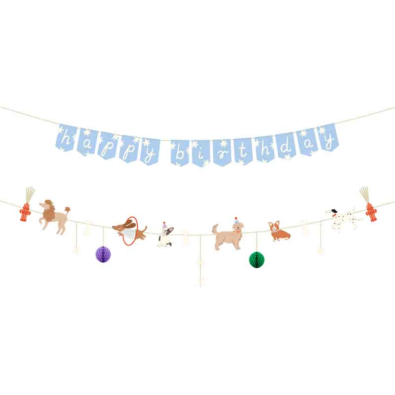 HAPPY BIRTHDAY DOGS BANNER WITH RIBBONS