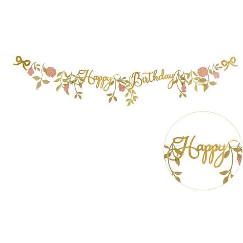 1.3m PINK AND GOLD HAPPY BIRTHDAY FLOWERS BANNER
