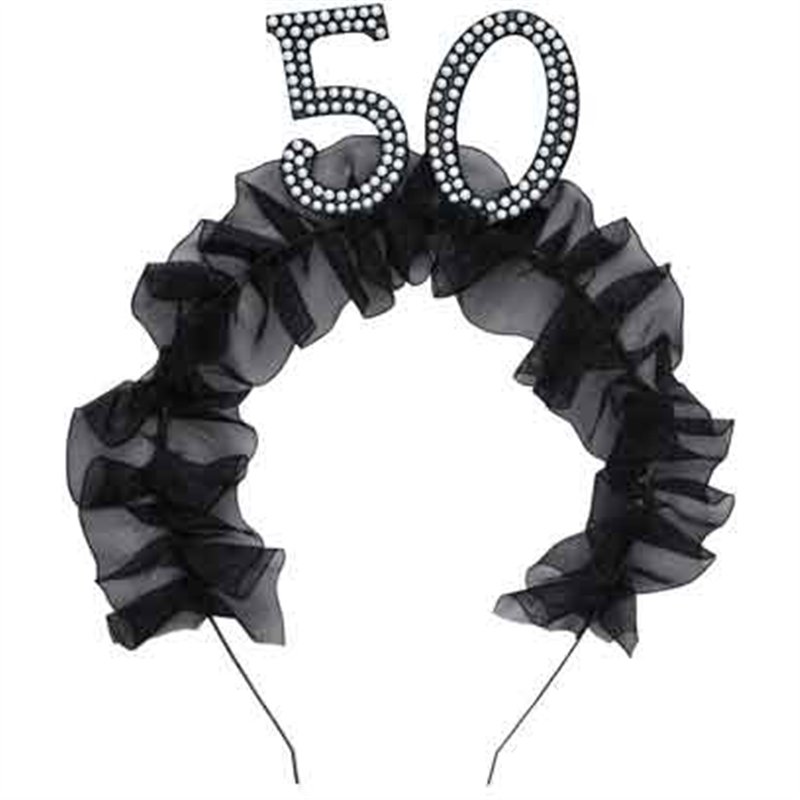 AGE 50 HEADBAND WITH RUFFLES AND PEARLS