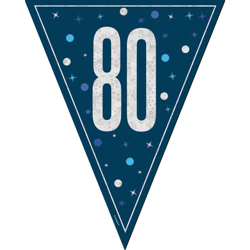 9ft GLITZ BLUE 80TH BIRTHDAY FLAG BANNER