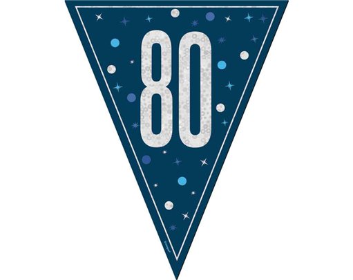 9ft GLITZ BLUE 80TH BIRTHDAY FLAG BANNER