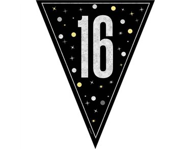 9ft GLITZ BLACK 16TH BIRTHDAY FLAG BANNER