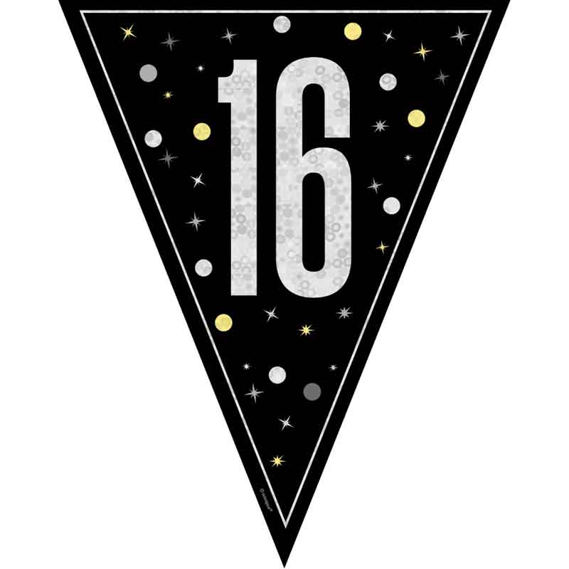 9ft GLITZ BLACK 16TH BIRTHDAY FLAG BANNER