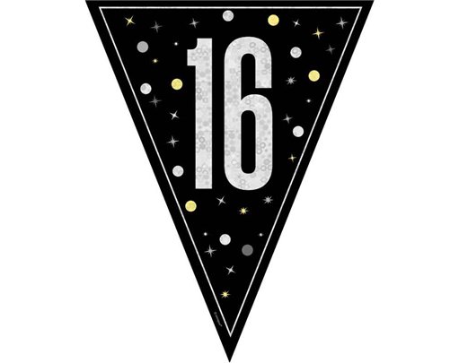 9ft GLITZ BLACK 16TH BIRTHDAY FLAG BANNER