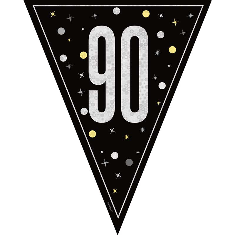 9ft GLITZ BLACK 90TH BIRTHDAY FLAG BANNER