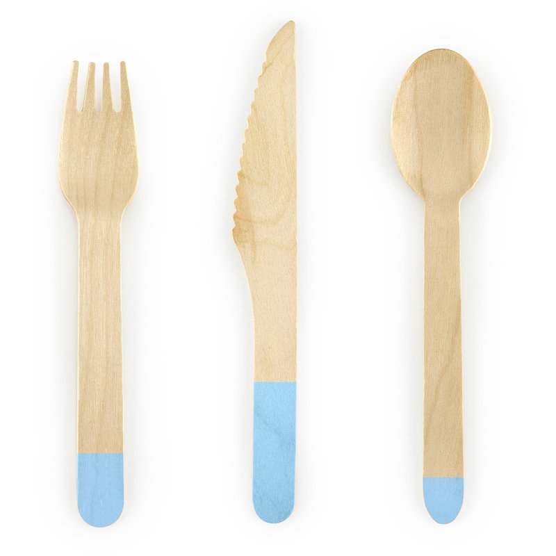 18PK WOODEN CUTLERY WITH BLUE TIPS