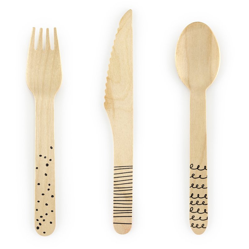 18PK WOODEN CUTLERY WITH BLACK TIPS